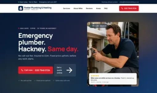 Foster Plumbing & Heating website: emergency plumber in Hackney, Mike Foster working under a kitchen sink, call-now button visible