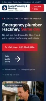Same Foster Plumbing site on mobile, with a big tap-to-call button